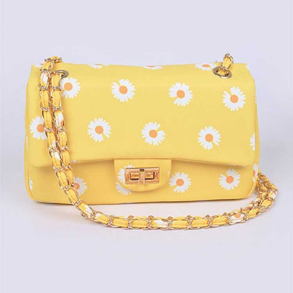 Printed Flower Canvas Shoulder Bag - Yellow
